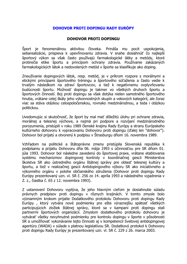 Titulná strana Dohovoru Rady Európy proti dopingu – otvorí dokument PDF