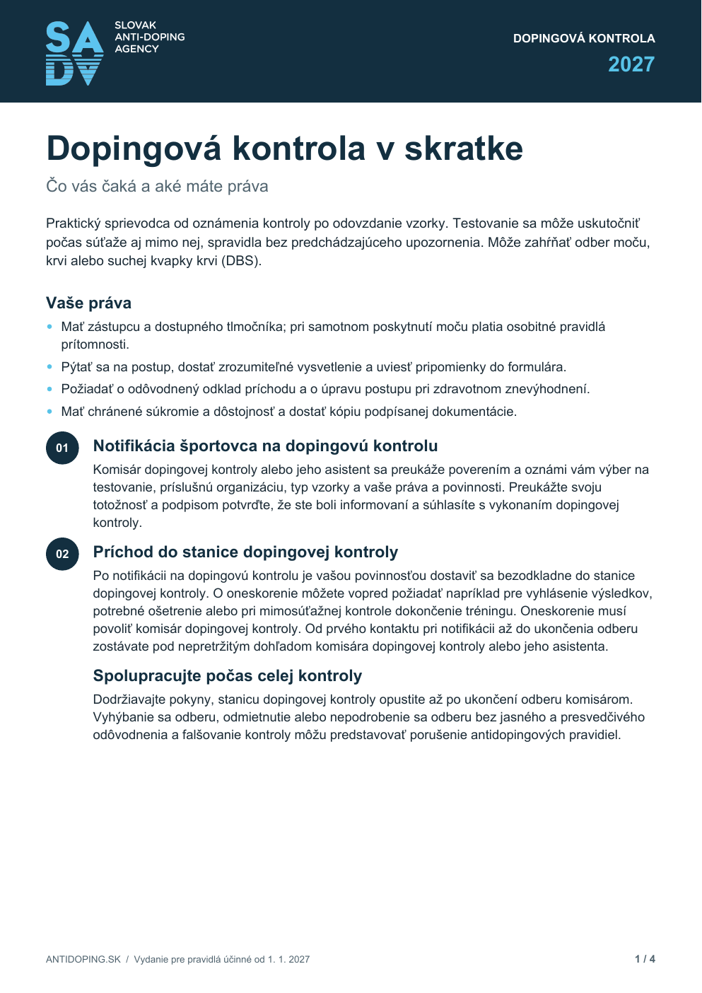 Titulná strana brožúry Dopingová kontrola v skratke 2027